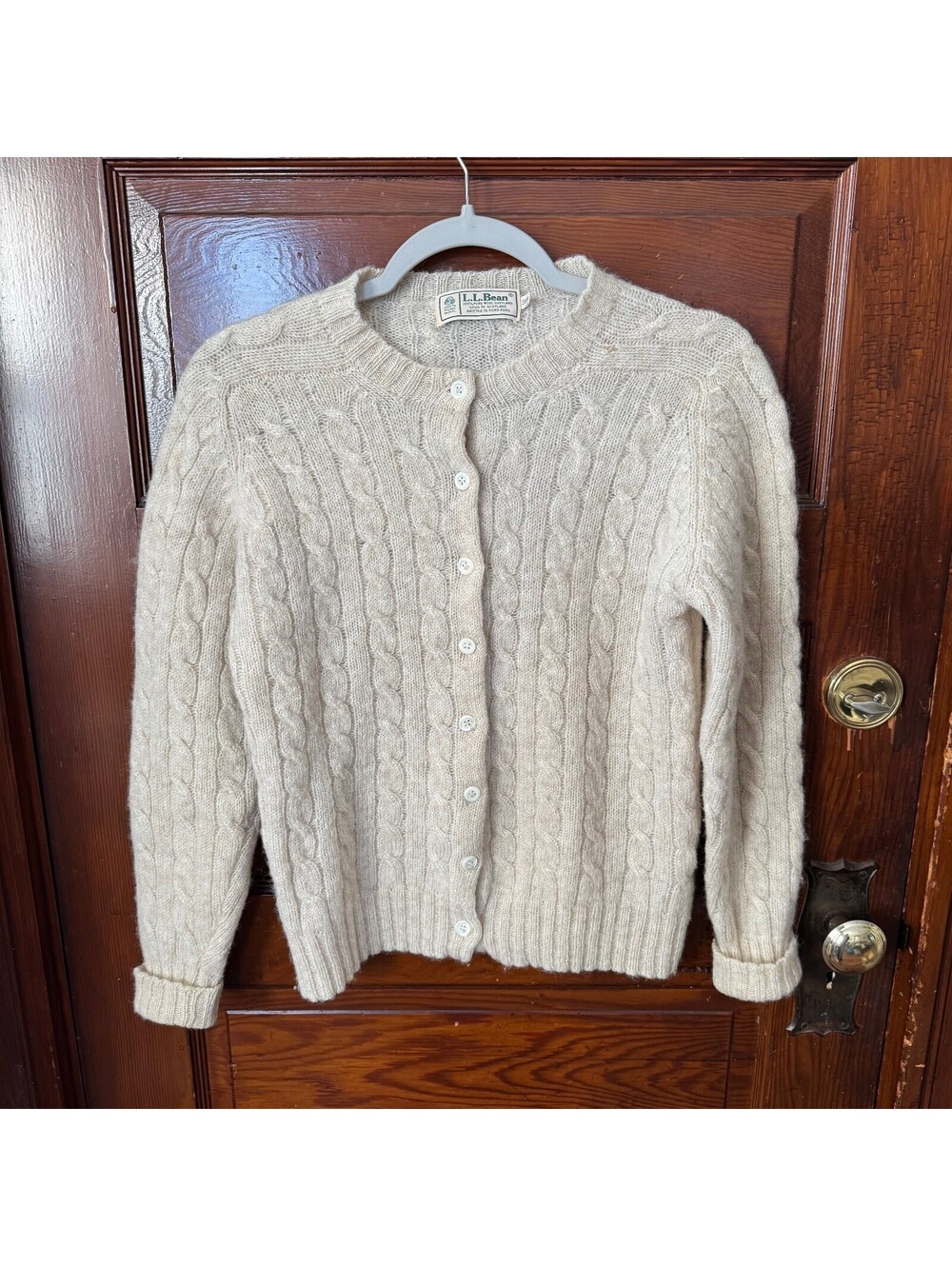 Cabincore Vintage Americana L.L. Bean Cream Wool Cable Knit Cardigan Size Small